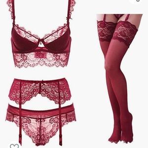 Wine Red 4-Piece Lingerie Set